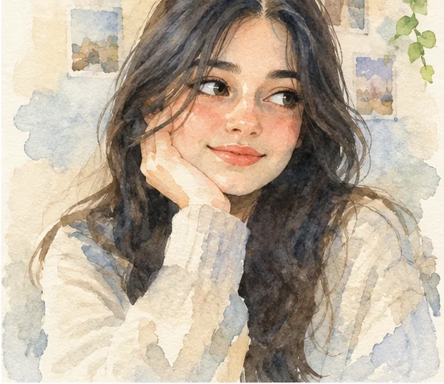 Finished watercolour portrait of a woman resting her chin on her hand