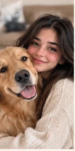 Original photograph of a young woman with her golden retriever