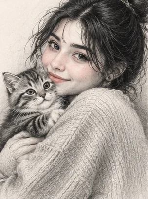 Pencil portrait of a girl with a kitten