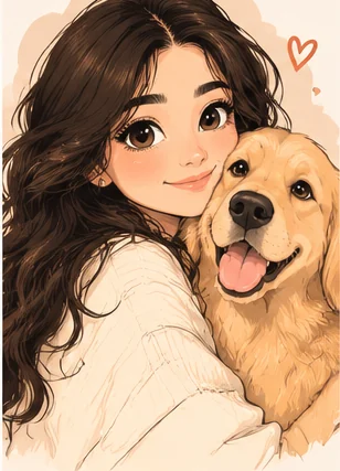 Cartoon portrait of a dog and owner