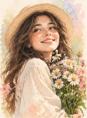 Watercolour portrait in a summer hat